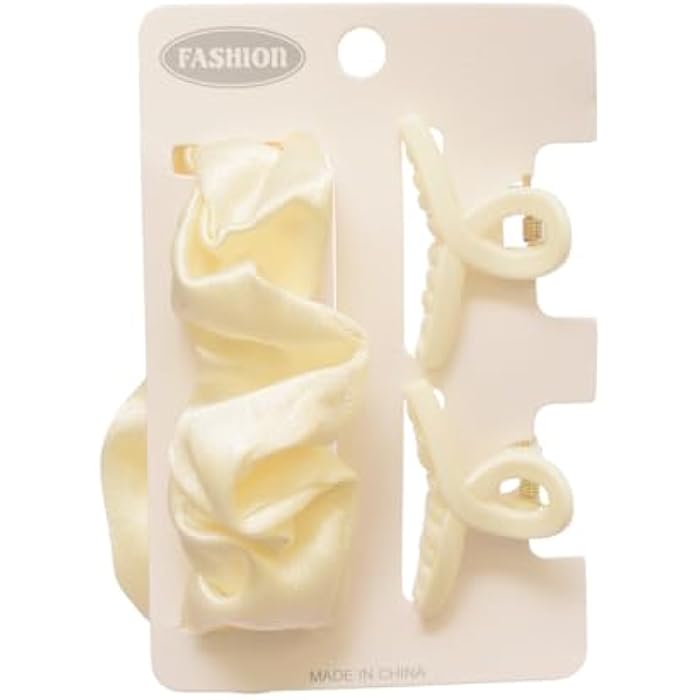 Hair Claw Clips With Hair Scrunchies For Girls Set, 3 Pieces - Offwhite - Image 1